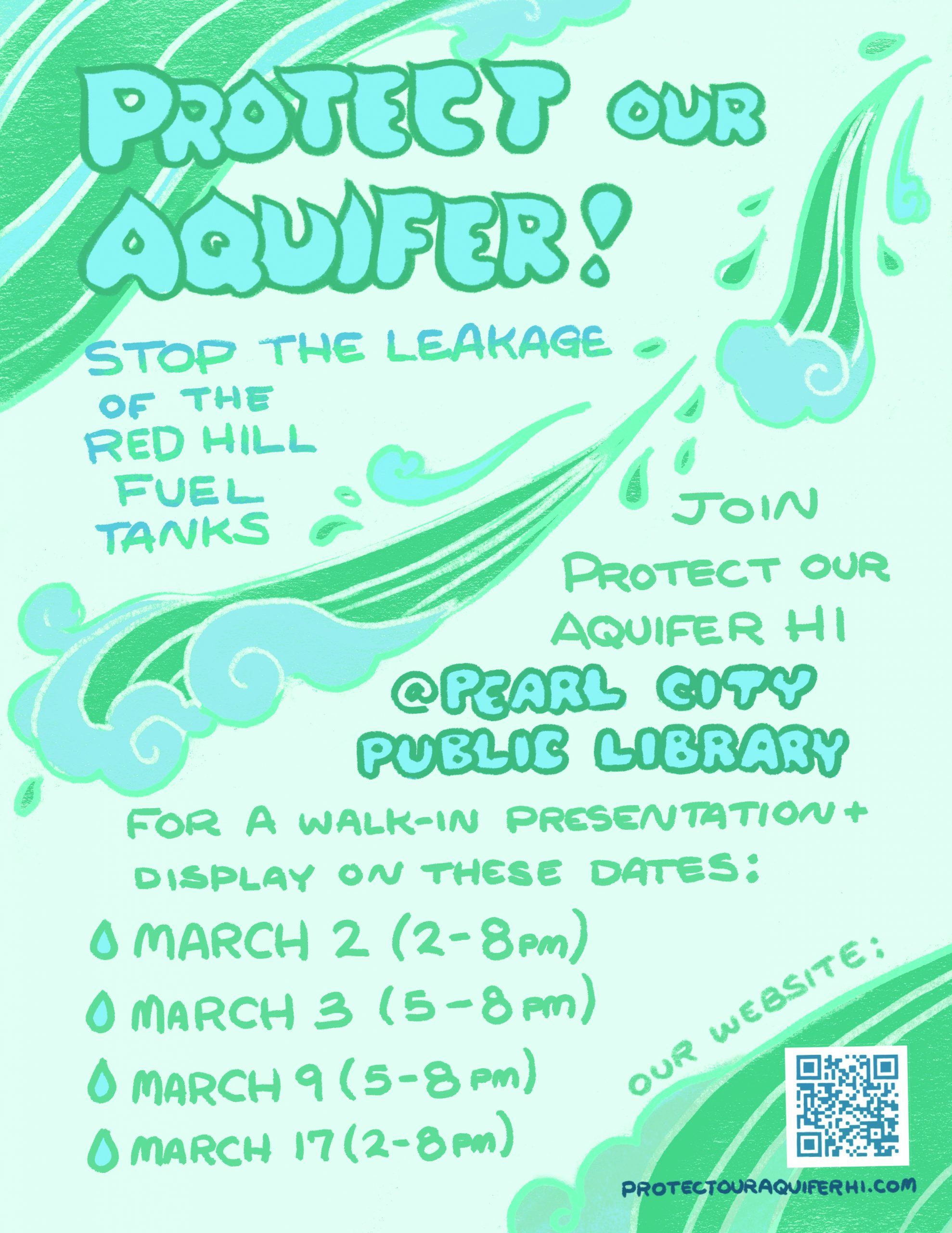 Red Hill - Protect Our Aquifer Meeting Mar 02, 2:00 PM – 8:00 PM Pearl City Public Library, 1138 Waimano Home Rd, Pearl City, HI 96782, USA Please come to our informative walk-in presentation and display at Pearl City Public Library to learn more about the contamination of our main water supply from the Red Hill fuel tank leakage. This is a free public event organized by Protect Our Aquifer. *This is a non-sponsored library event